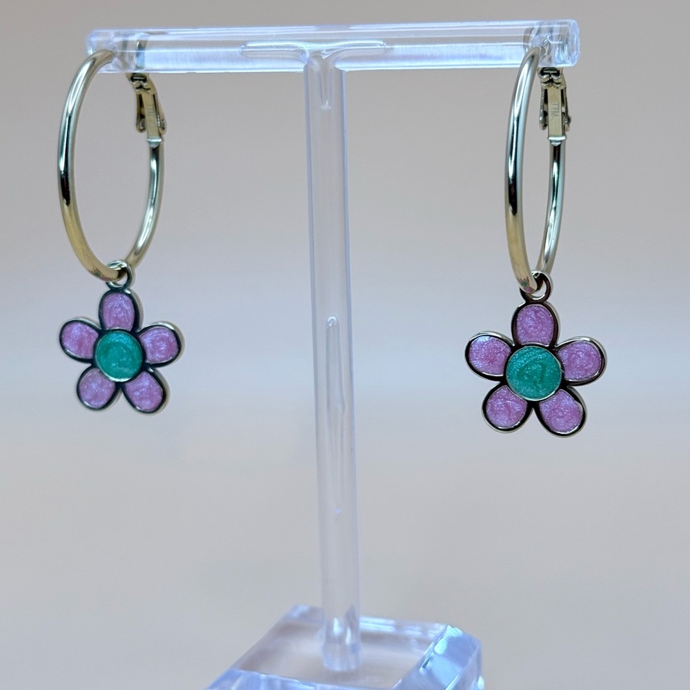 Charming Gold Floral Earrings with Pink and Green Accents